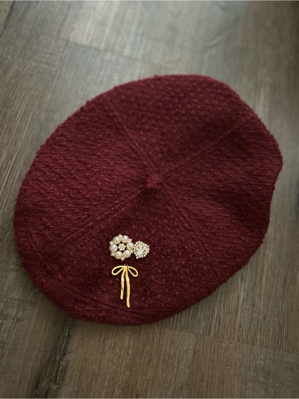 Women's Burgundy Knit Beret with Floral Brooch Accent - Picture 2 of 5